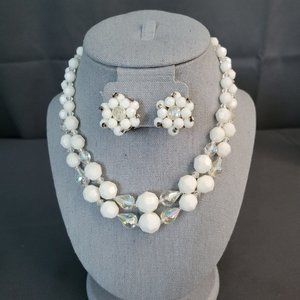 Womens White Beads AB Aurora Borealis Fashion Necklace Earrings Set Germany Made